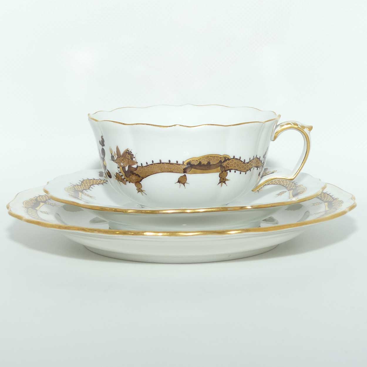 Meissen Brown Dragon tea trio trimmed with gilt