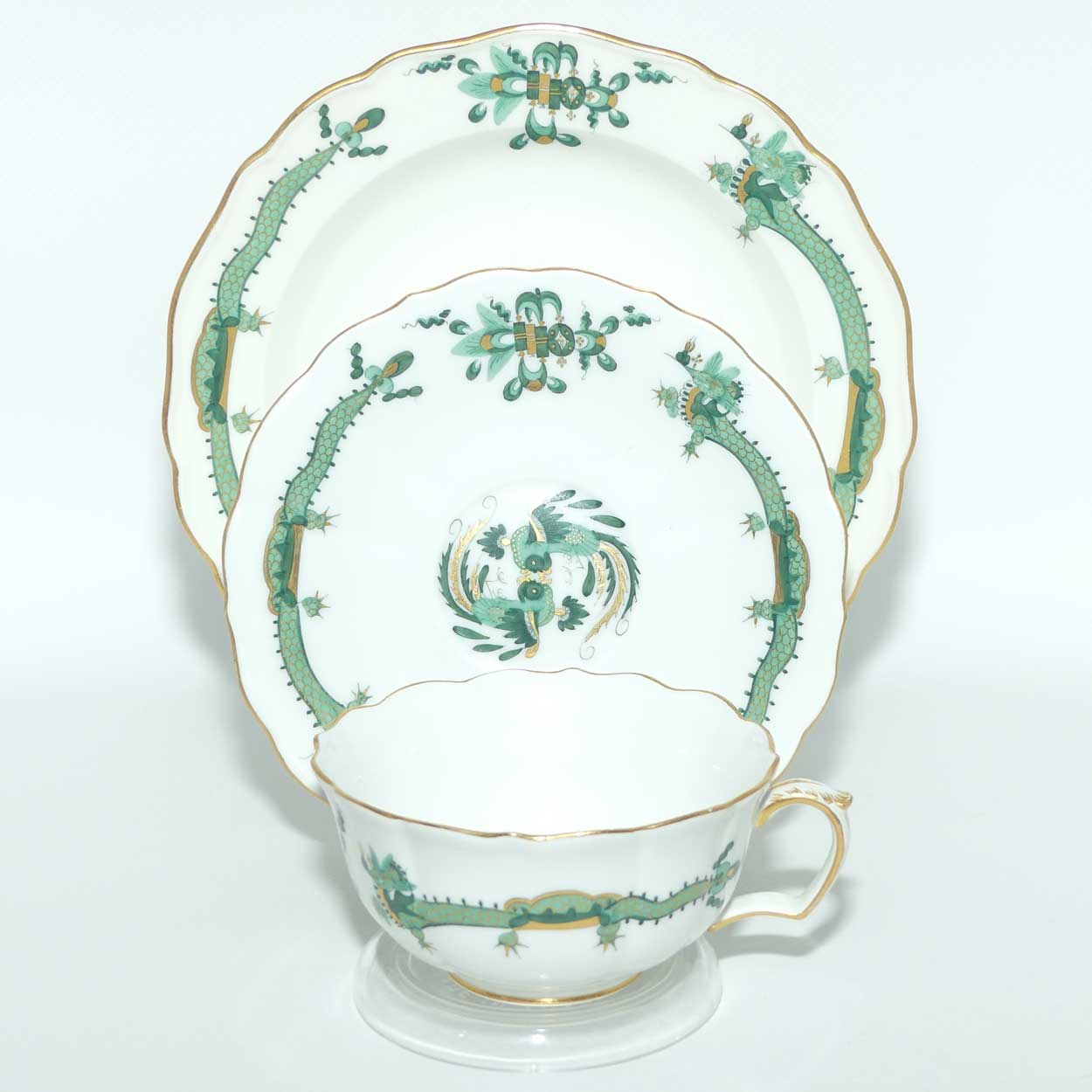 Meissen Green Dragon tea trio trimmed with gilt