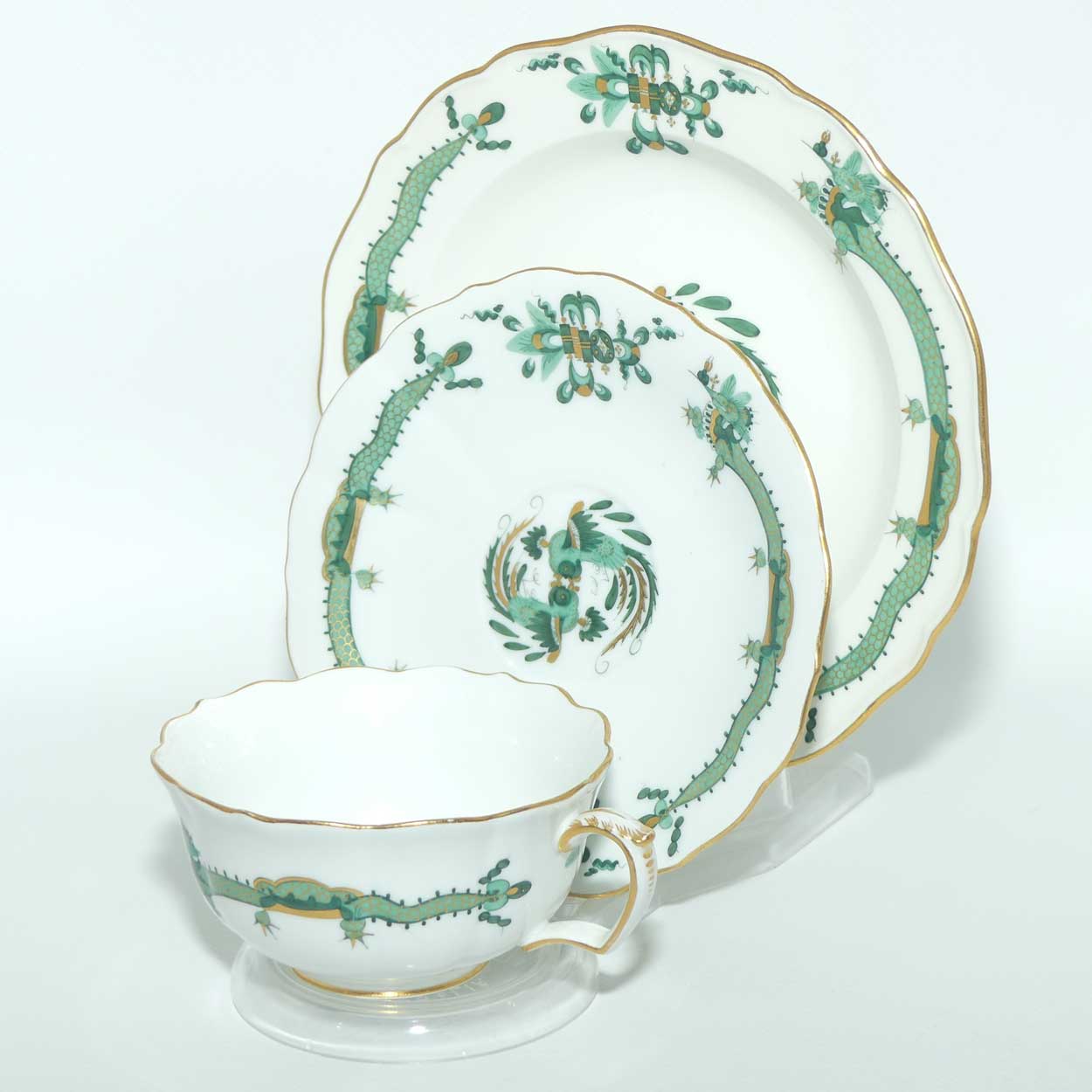 Meissen Green Dragon tea trio trimmed with gilt