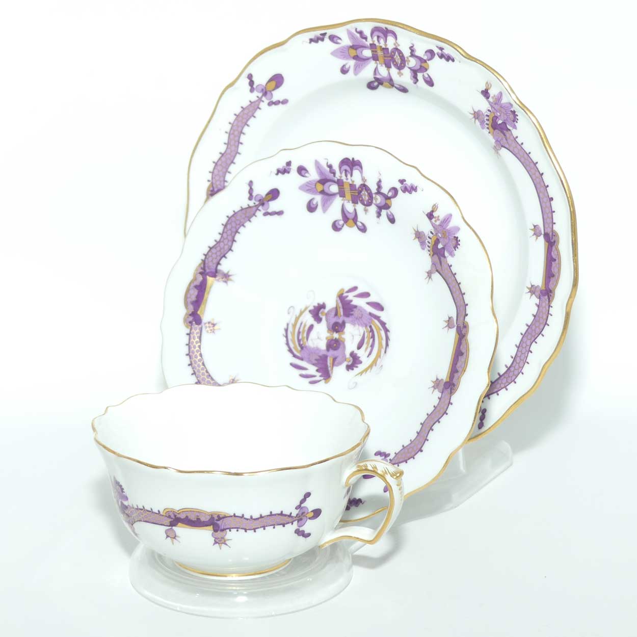 Meissen Purple Dragon tea trio trimmed with gilt