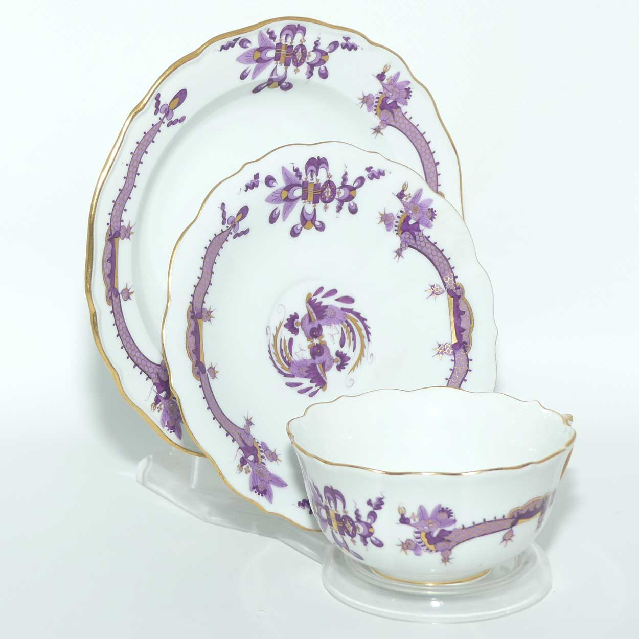 Meissen Purple Dragon tea trio trimmed with gilt