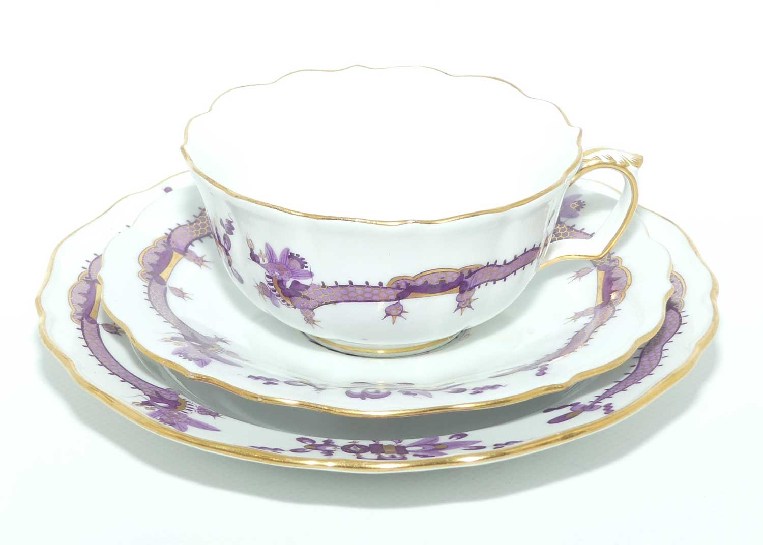 Meissen Purple Dragon tea trio trimmed with gilt