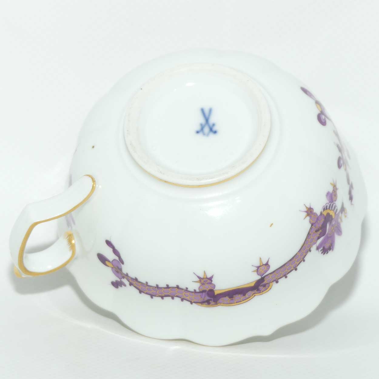 Meissen Purple Dragon tea trio trimmed with gilt