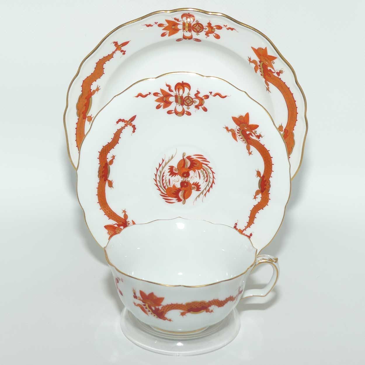 Meissen Red Dragon tea trio trimmed with gilt