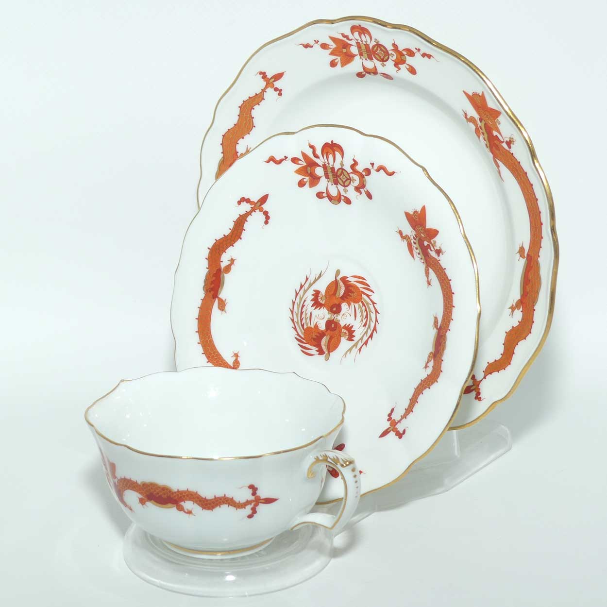 Meissen Red Dragon tea trio trimmed with gilt