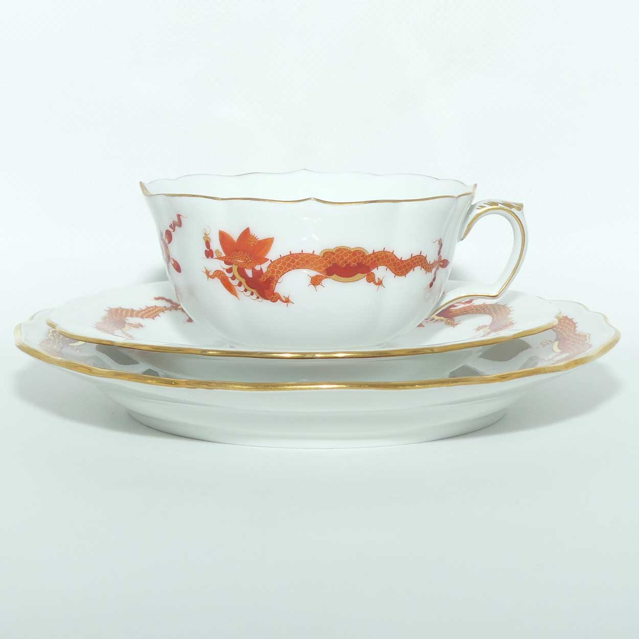Meissen Red Dragon tea trio trimmed with gilt