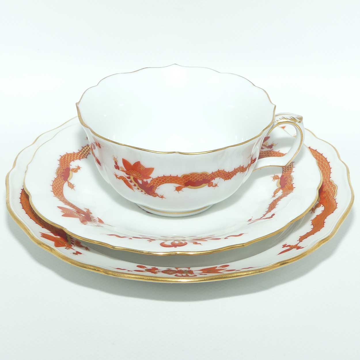 Meissen Red Dragon tea trio trimmed with gilt