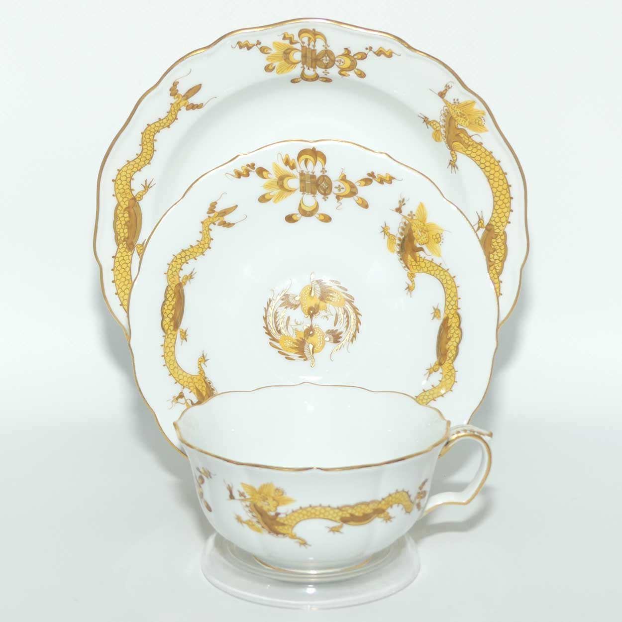 Meissen Yellow Dragon tea trio trimmed with gilt