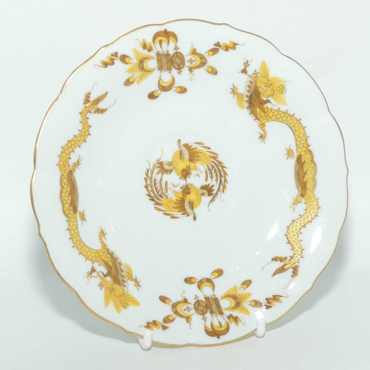 Meissen Yellow Dragon tea trio trimmed with gilt
