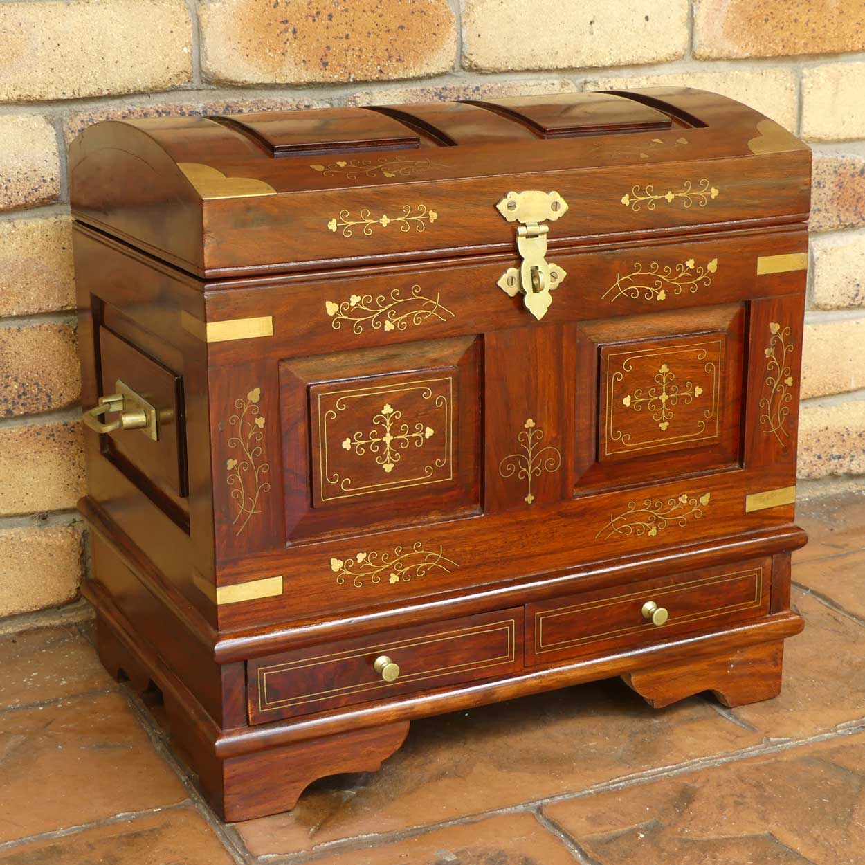 Indian Brass bound campaign trunk finished with inset brass decoration | c.1980