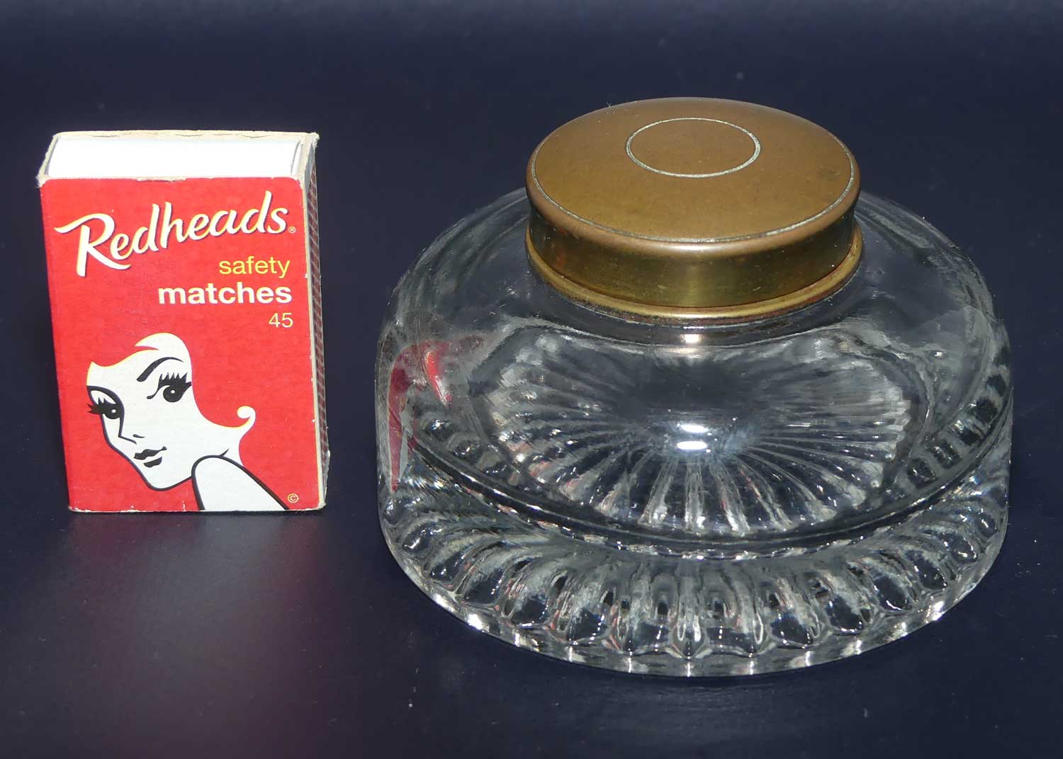 Edwardian era hinged Brass Lid and Glass base Inkwell