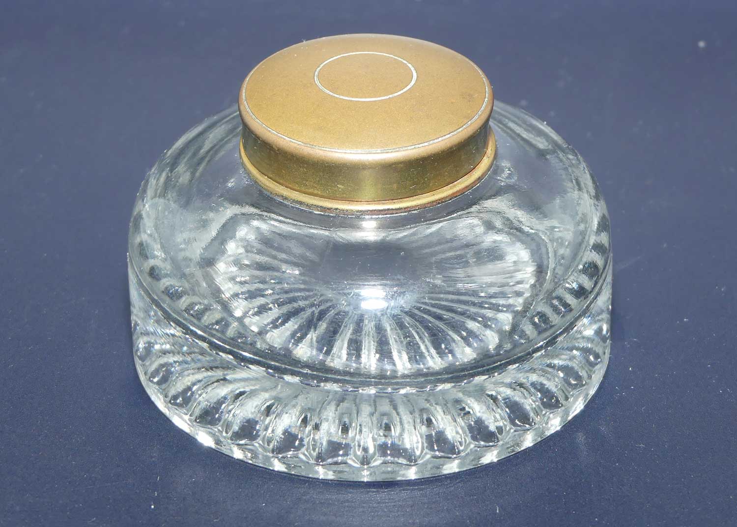 Edwardian era hinged Brass Lid and Glass base Inkwell
