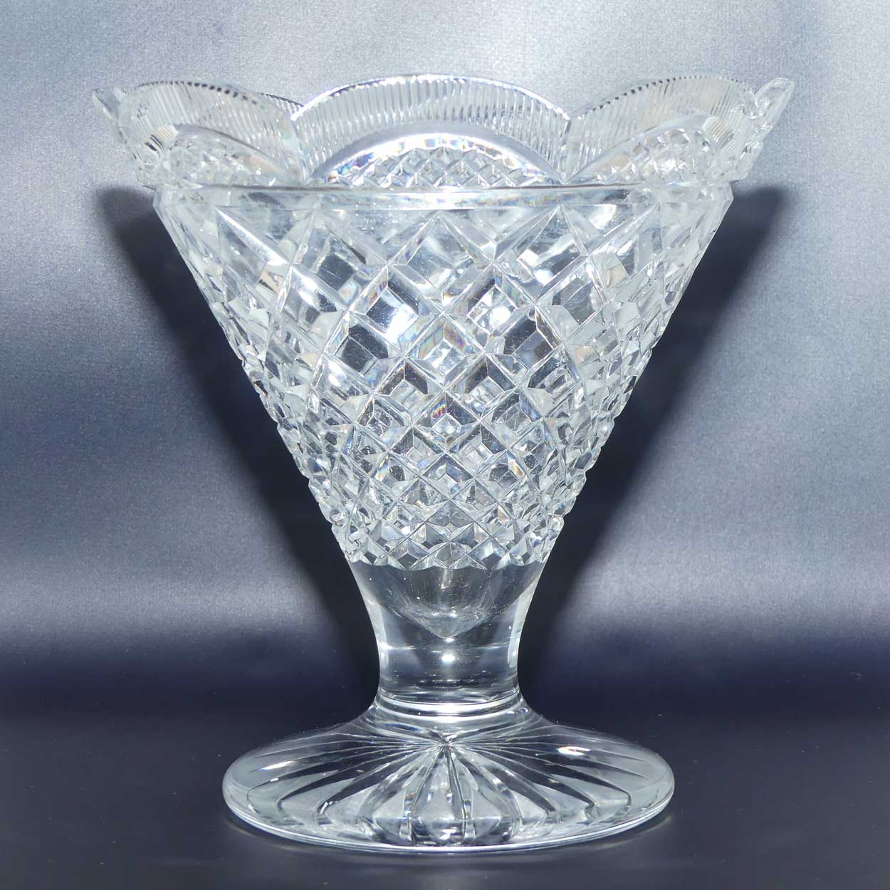 Superb Inwald Crystal diamond cut and multi facetted rim trumpet vase and insert