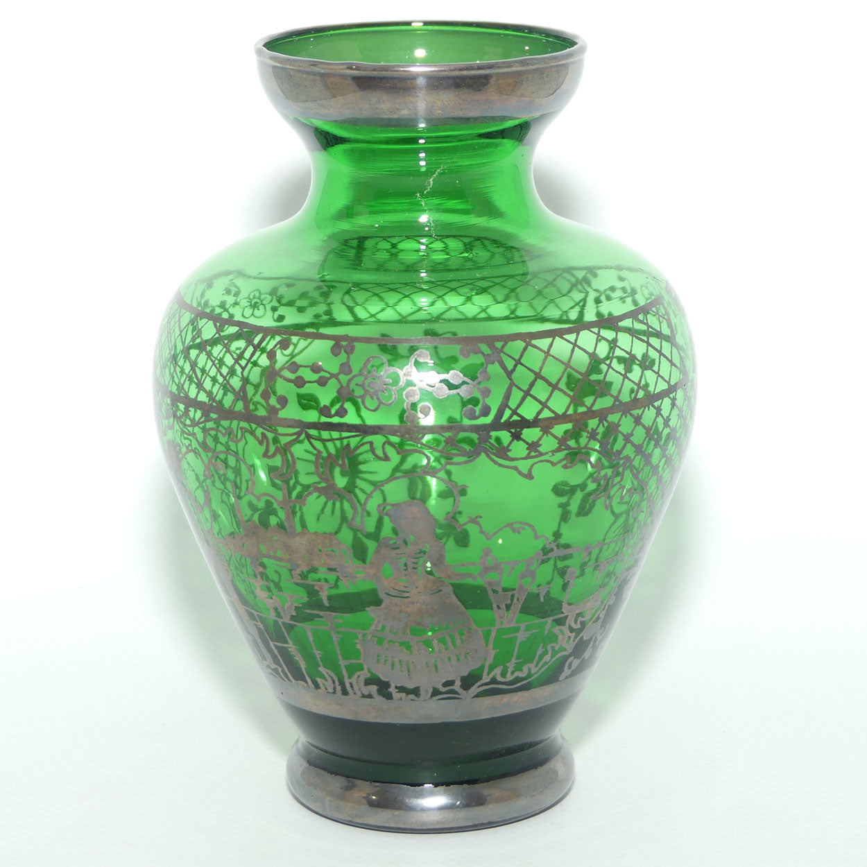 Venetian Green Glass vase with Enamelled Silver overlay | Courting Scene