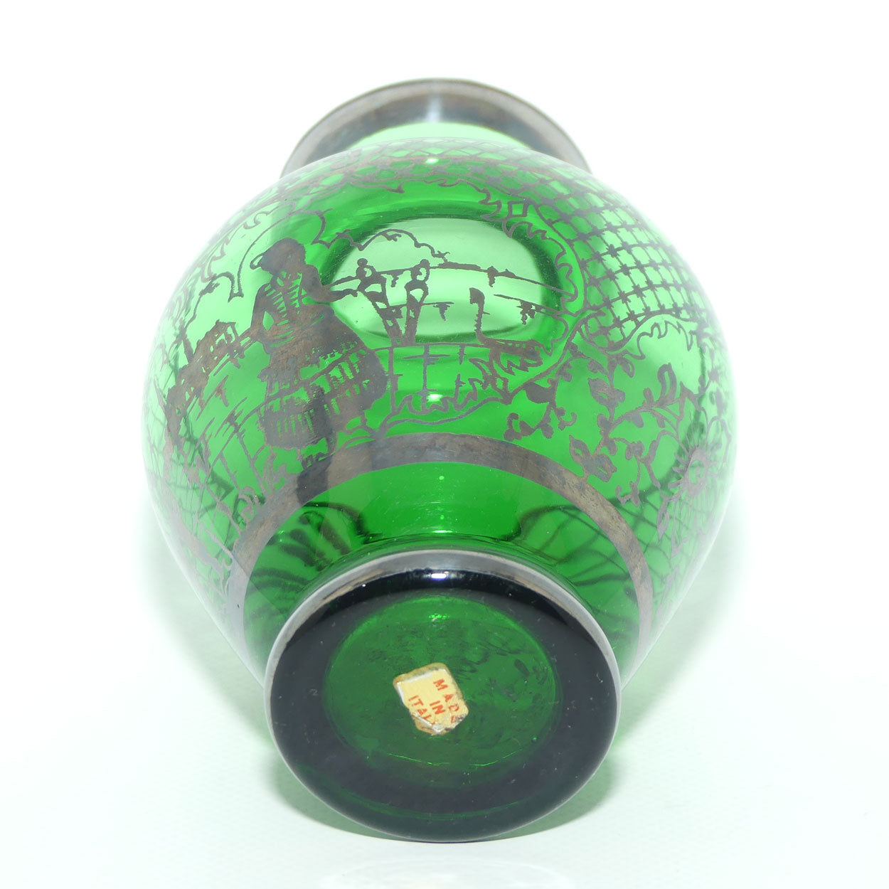 Venetian Green Glass vase with Enamelled Silver overlay | Courting Scene