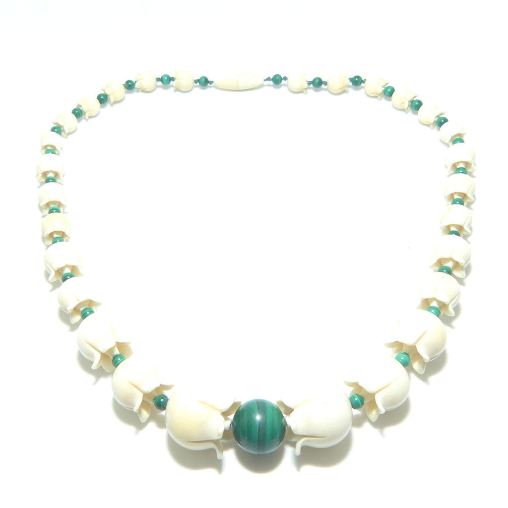 Ivory and Malachite Necklace | Japanese Tulip shape Ivory beads 