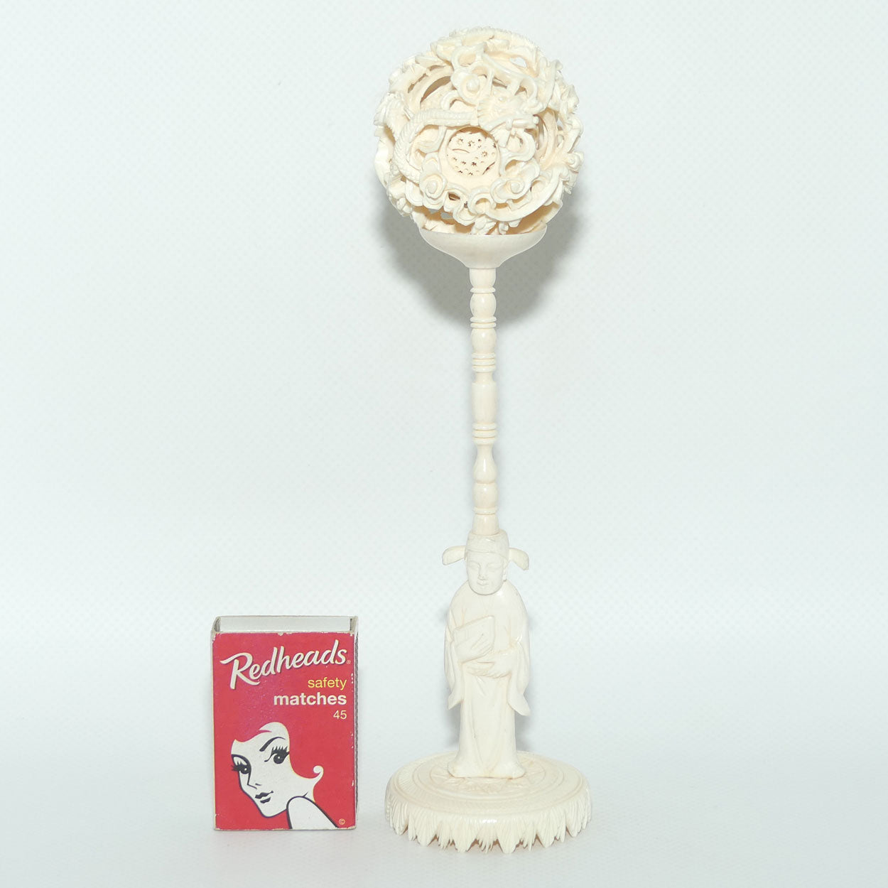 Carved Ivory Puzzle Ball on stand | Religious Gent | 20.5cm tall