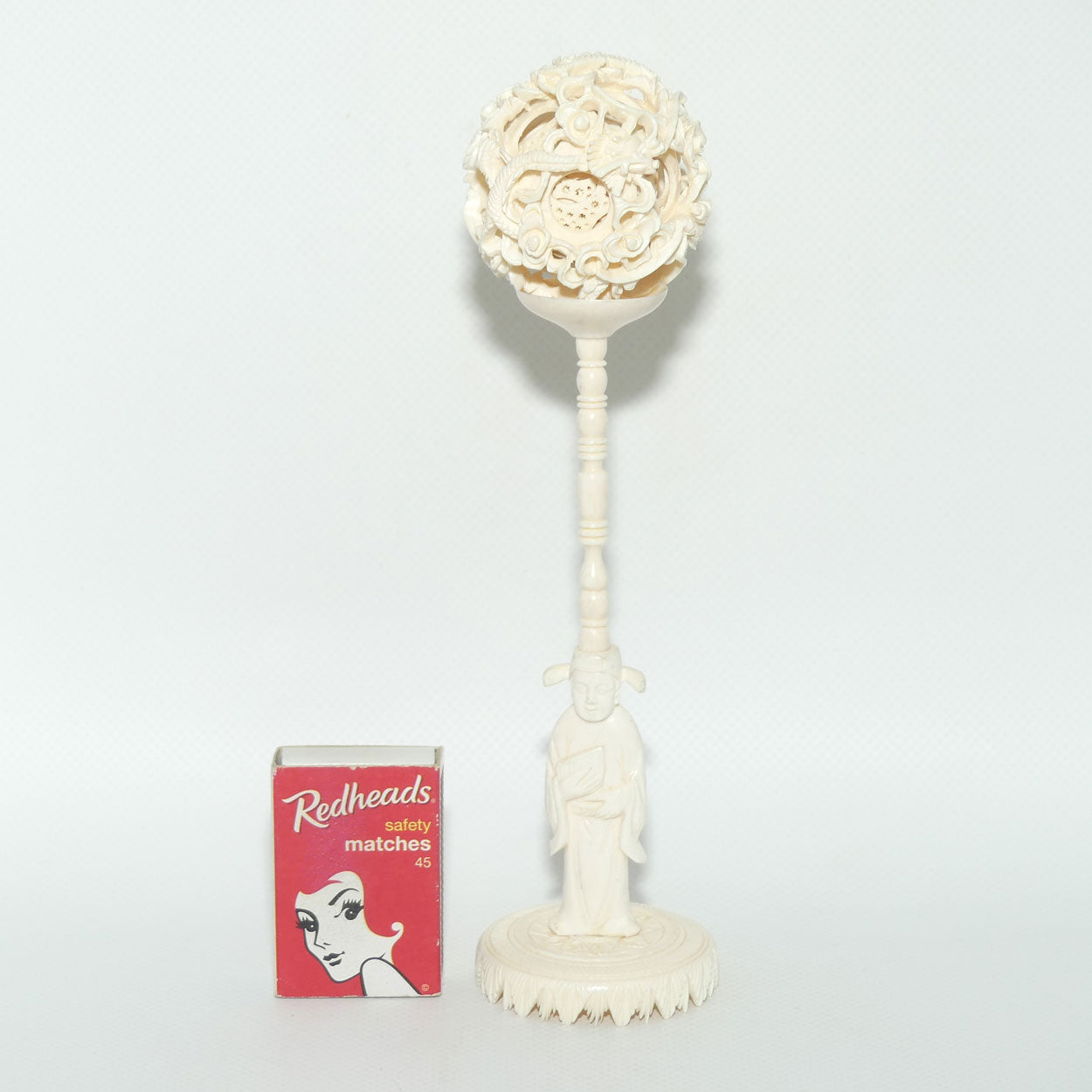 Carved Ivory Puzzle Ball on stand | Religious Gent | 20.5cm tall