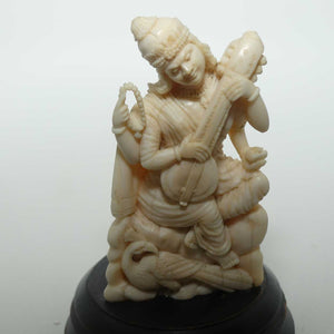 Carved Ivory Indian Deity |  Saraswati on Wooden base