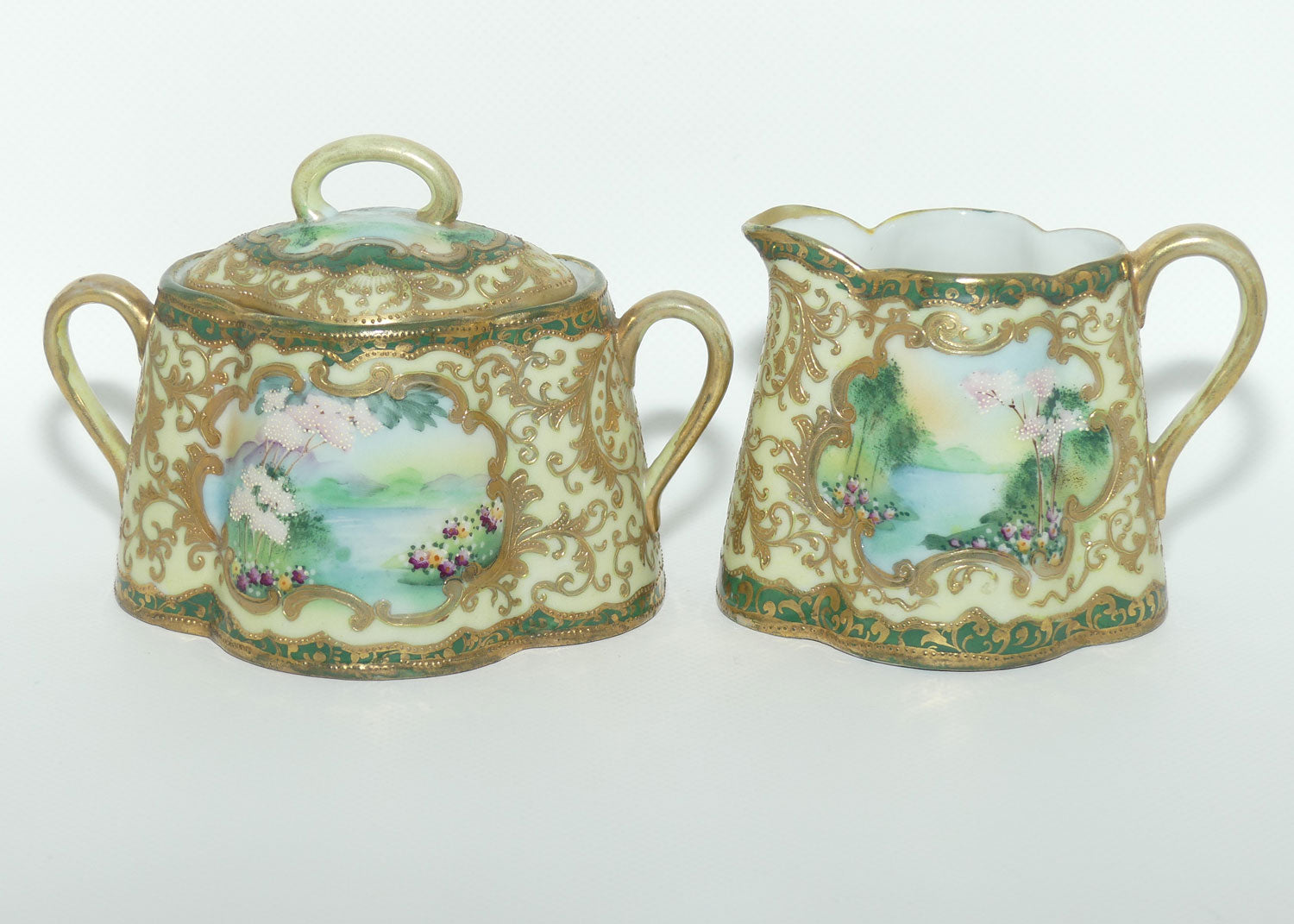 IE & C Co Japan Hand Painted Heavily Gilt Nippon lidded sugar and creamer