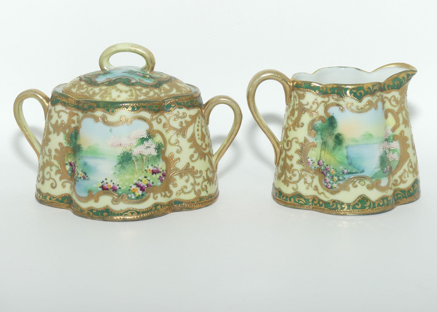IE & C Co Japan Hand Painted Heavily Gilt Nippon lidded sugar and creamer