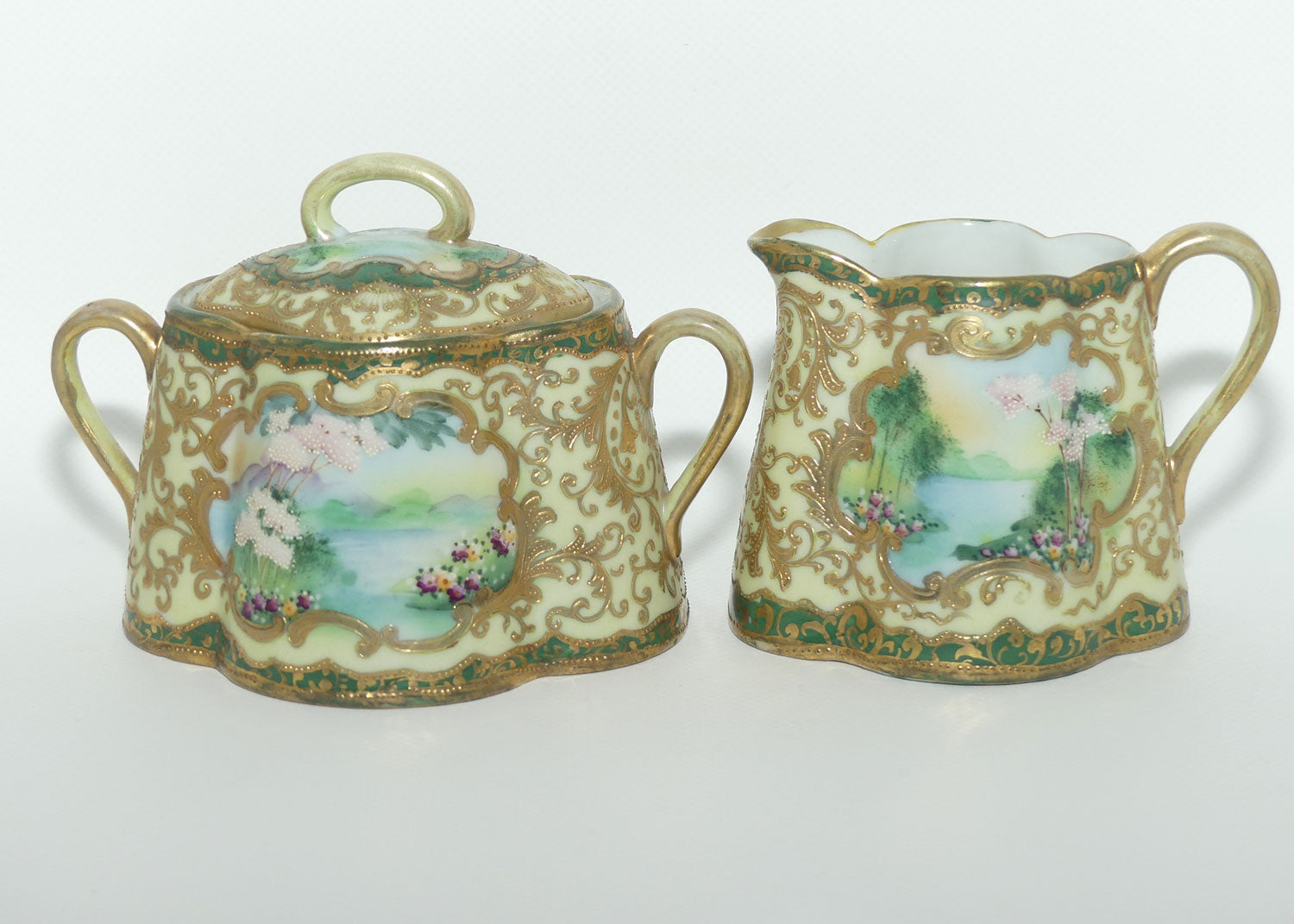 IE & C Co Japan Hand Painted Heavily Gilt Nippon lidded sugar and creamer