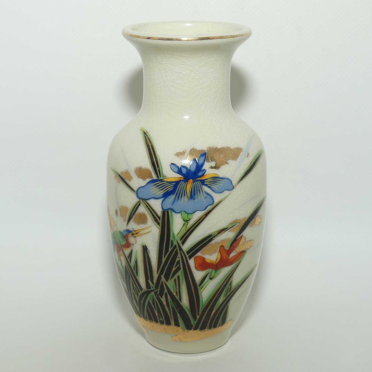 Japanese Pottery vase decorated with Iris Flowers and Kawasemi Kingfisher