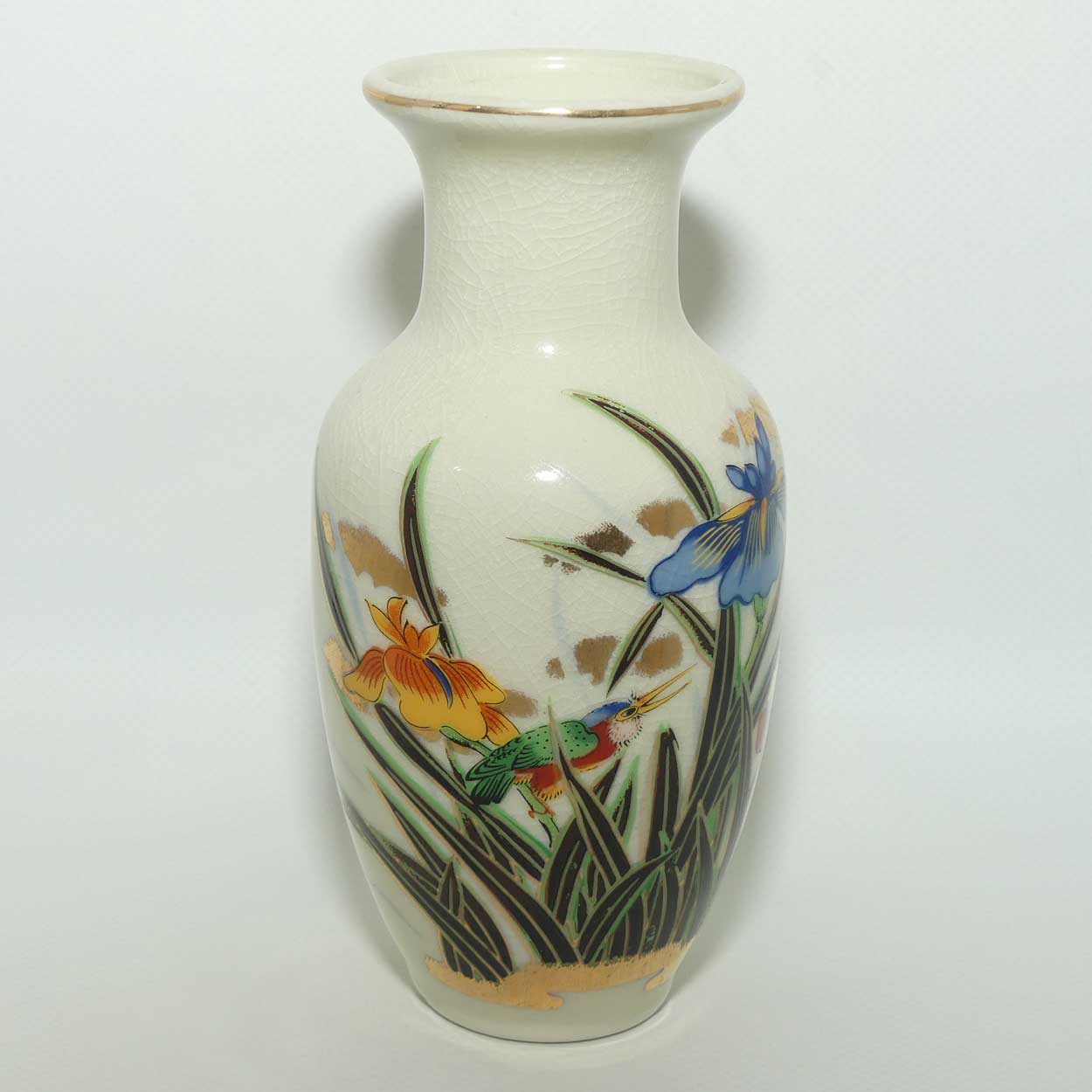 Japanese Pottery vase decorated with Iris Flowers and Kawasemi Kingfisher