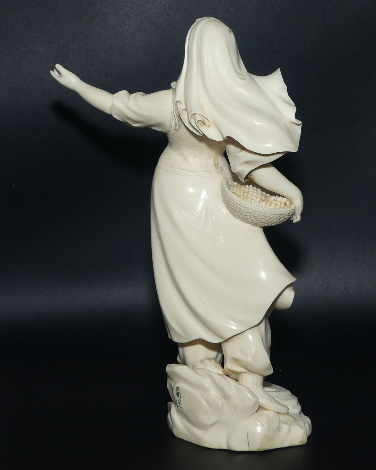 Magnificent Japanese Carved Ivory Okimono of Woman Gathering | Arm Outstretched
