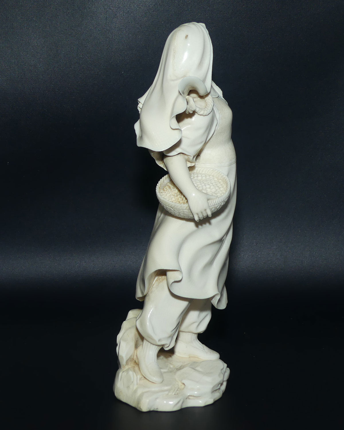 Magnificent Japanese Carved Ivory Okimono of Woman Gathering | Arm Outstretched