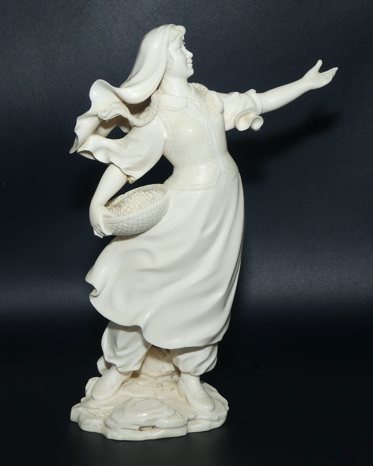 Magnificent Japanese Carved Ivory Okimono of Woman Gathering | Arm Outstretched