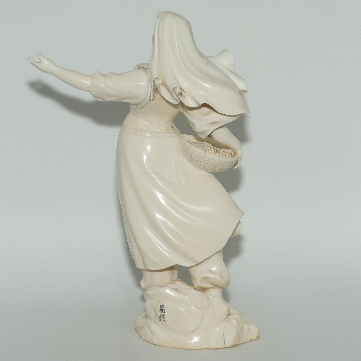 Magnificent Japanese Carved Ivory Okimono of Woman Gathering | Arm Outstretched