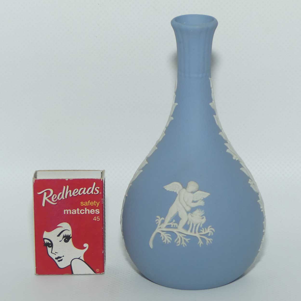 Wedgwood Jasper | White on Pale Blue | Narrow neck bud vase | Cupid design | #2
