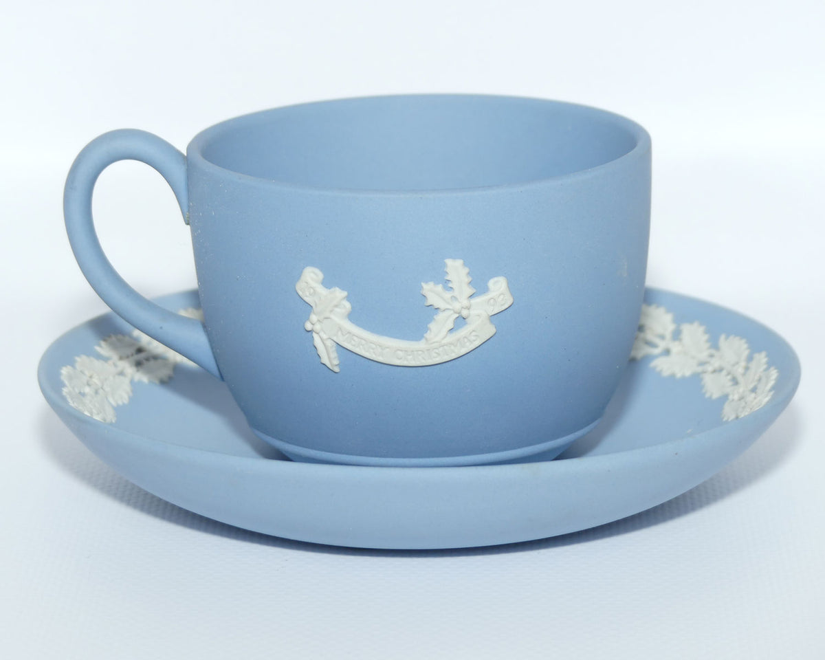 Wedgwood Jasper | White on Pale Blue cup and saucer | Merry Christmas 1993