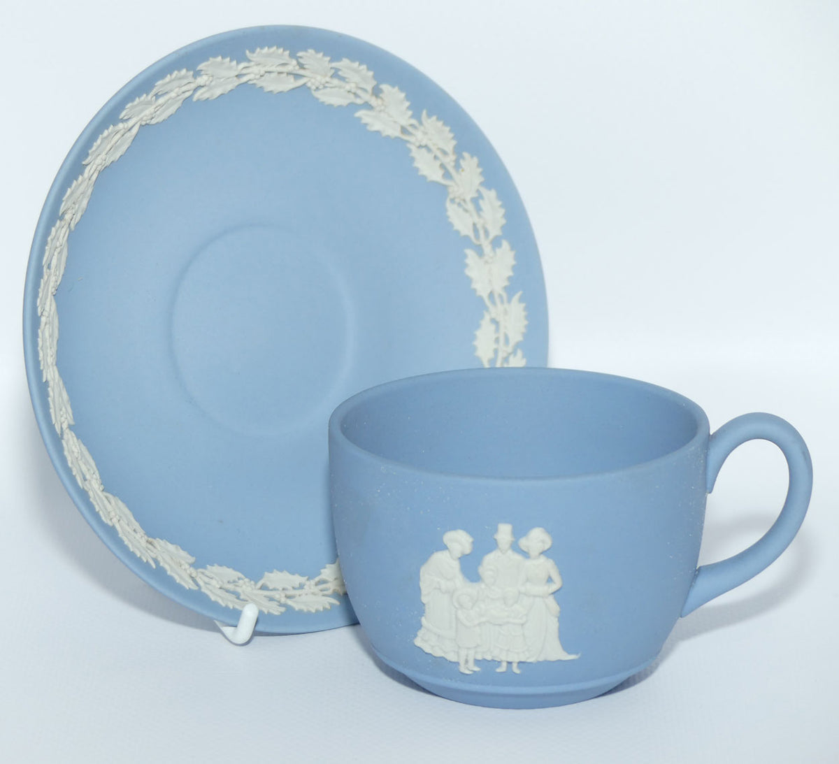 Wedgwood Jasper | White on Pale Blue cup and saucer | Merry Christmas 1993