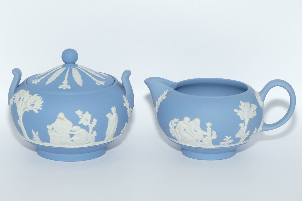 Wedgwood Jasper | White on Pale Blue milk jug and lidded sugar bowl
