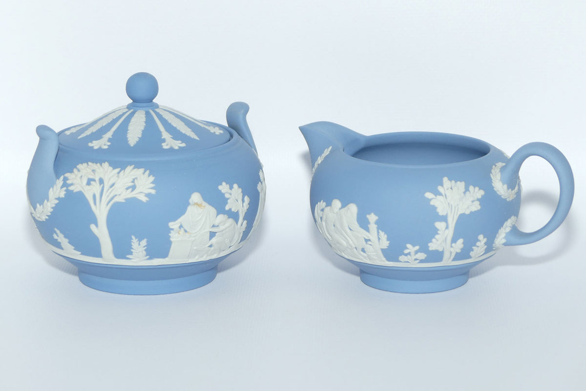 Wedgwood Jasper | White on Pale Blue milk jug and lidded sugar bowl