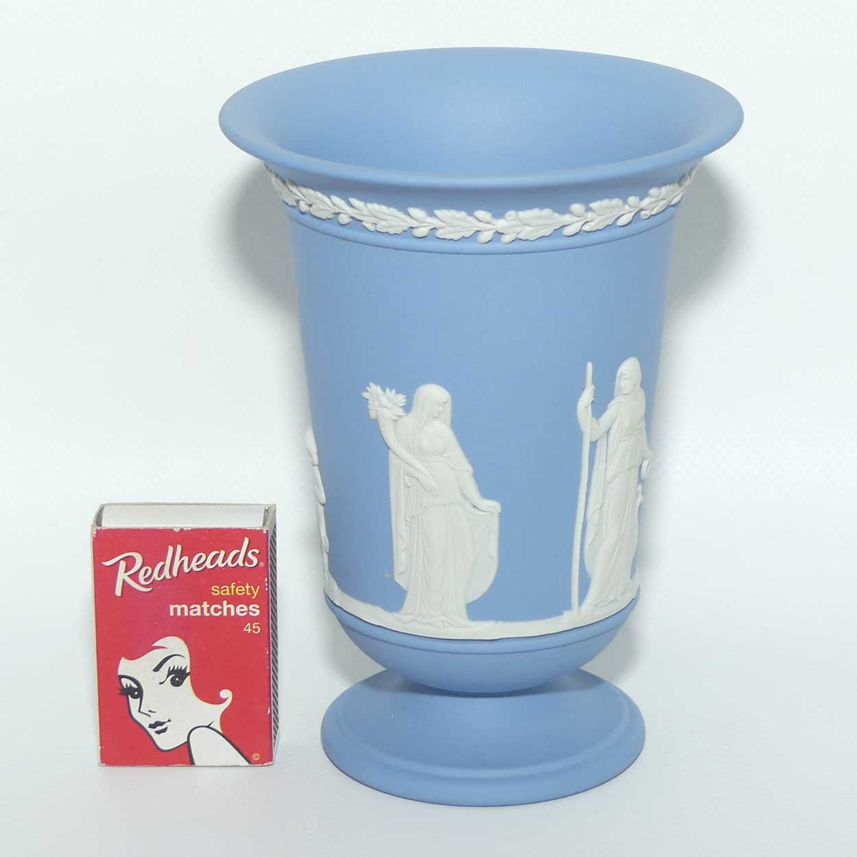 Wedgwood Jasper | White on Pale Blue trumpet shape vase | 13.5cm tall