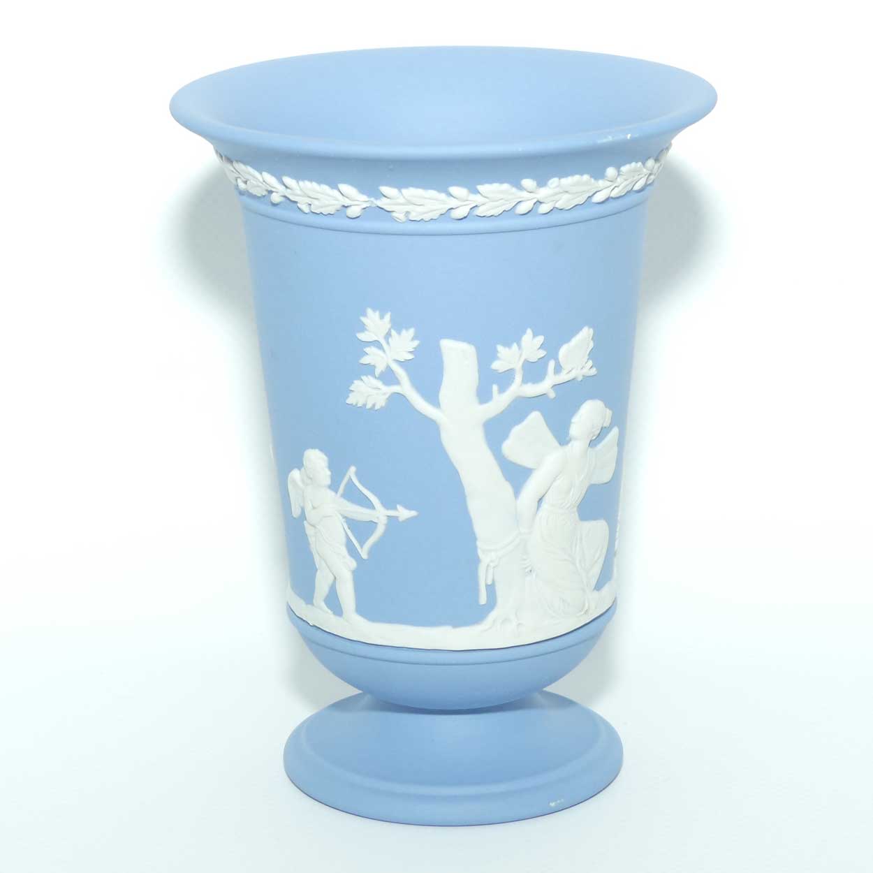 Wedgwood Jasper | White on Pale Blue trumpet shape vase | 13.5cm tall