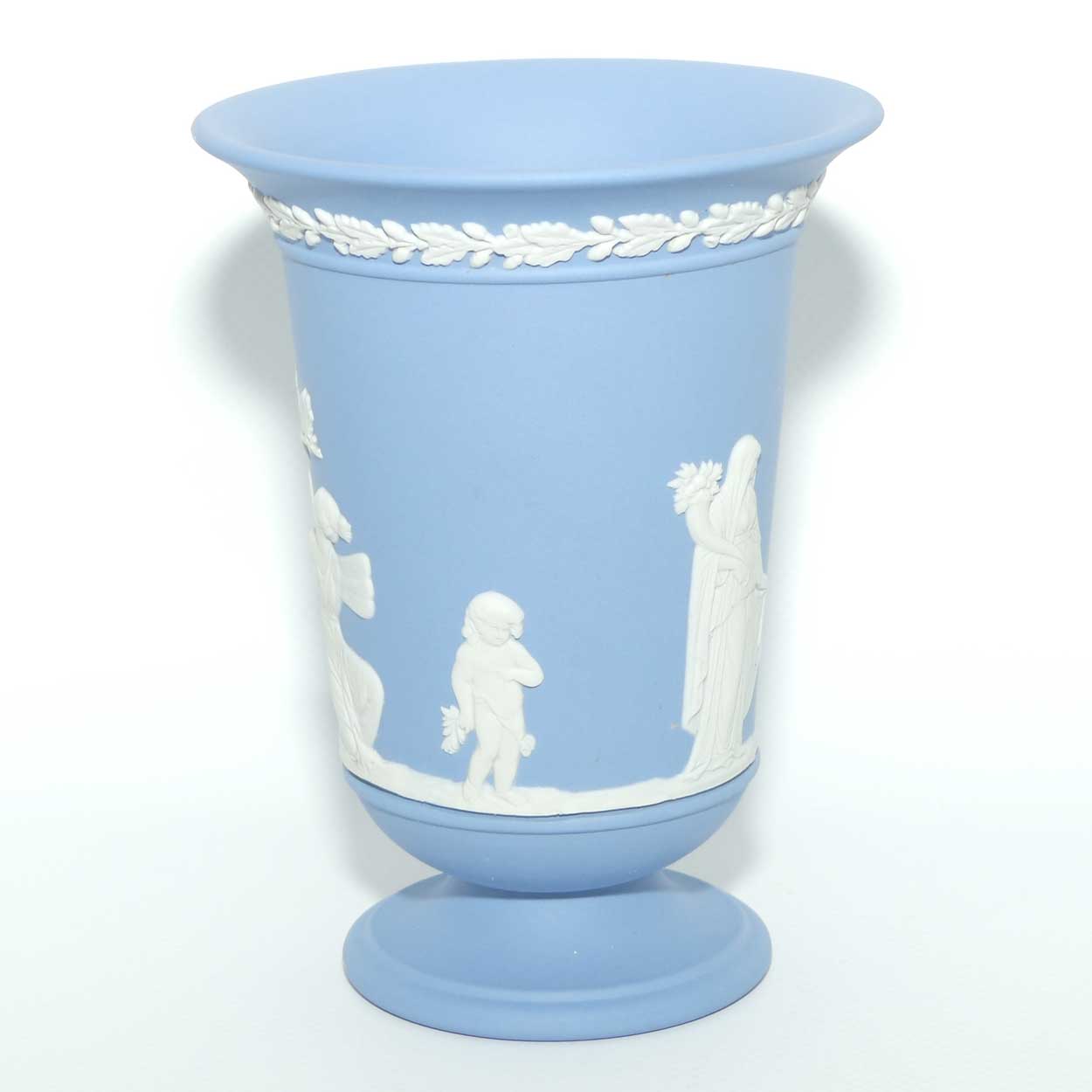 Wedgwood Jasper | White on Pale Blue trumpet shape vase | 13.5cm tall