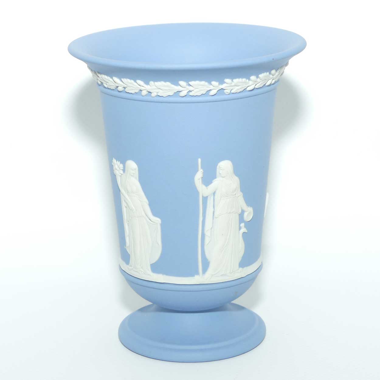 Wedgwood Jasper | White on Pale Blue trumpet shape vase | 13.5cm tall