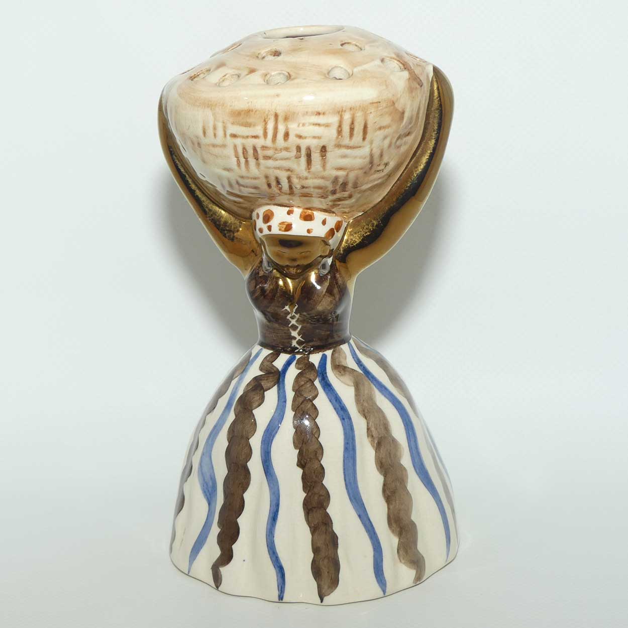 Jersey Pottery Jamaican Lady carrying Basket Flower Holder | Blue Stripes