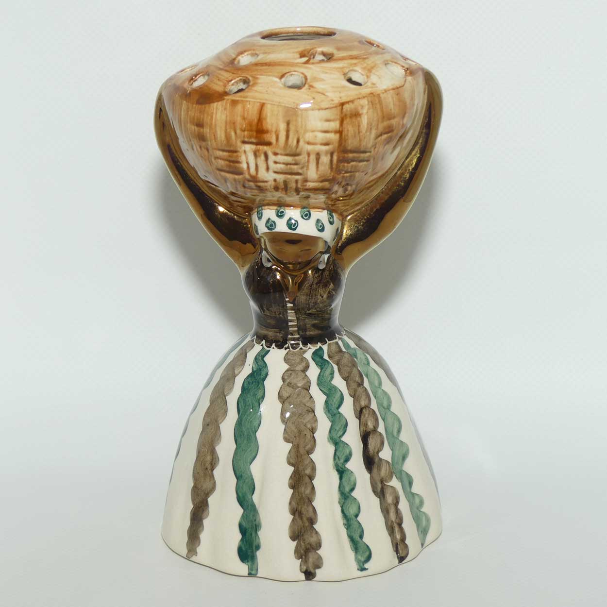 Jersey Pottery Jamaican Lady carrying Basket Flower Holder | Green Stripes