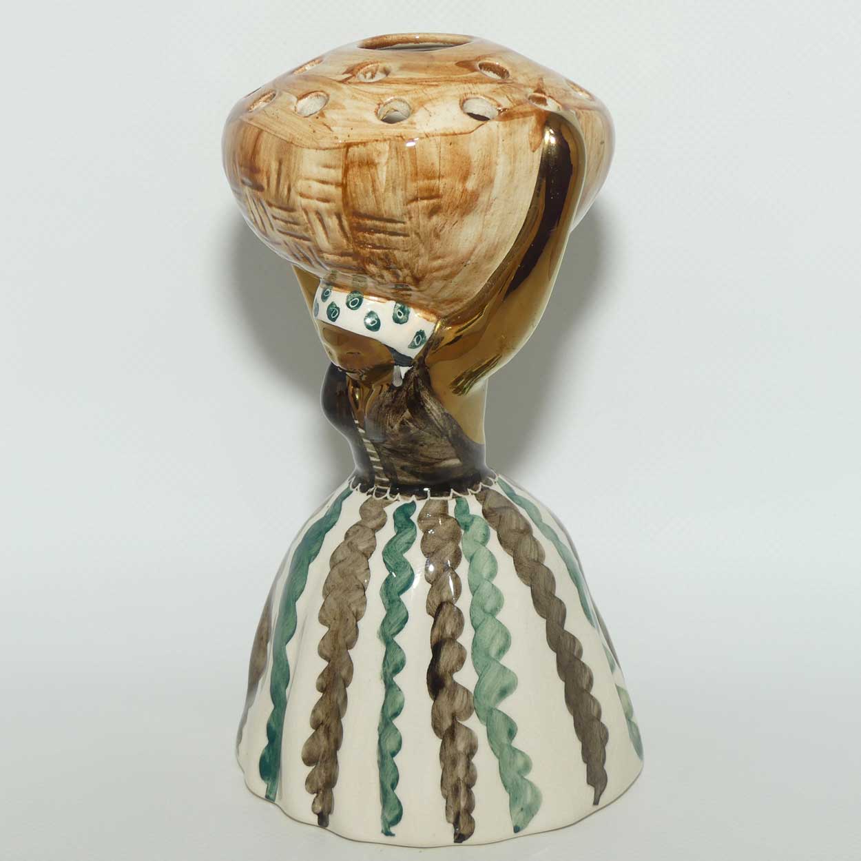 Jersey Pottery Jamaican Lady carrying Basket Flower Holder | Green Stripes