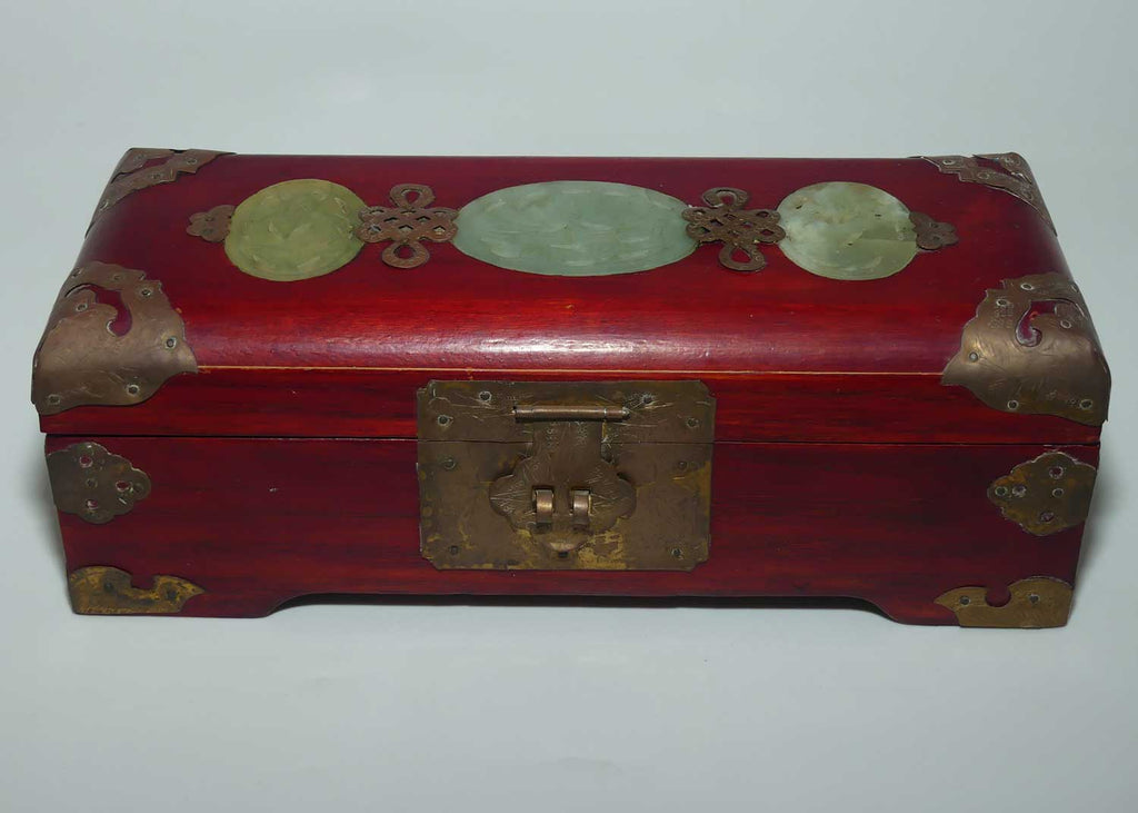 Mid Century Chinese Jewellery Box with Inset Jadeite Panels and Brass Corners