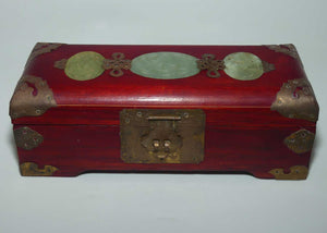 Mid Century Chinese Jewellery Box with Inset Jadeite Panels and Brass Corners