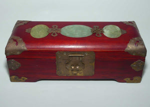 Mid Century Chinese Jewellery Box with Inset Jadeite Panels and Brass Corners