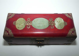 Mid Century Chinese Jewellery Box with Inset Jadeite Panels and Brass Corners