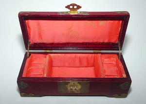 Mid Century Chinese Jewellery Box with Inset Jadeite Panels and Brass Corners