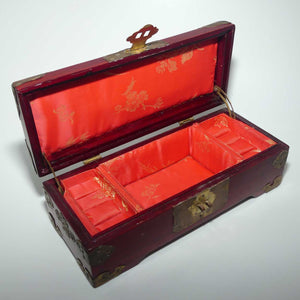 Mid Century Chinese Jewellery Box with Inset Jadeite Panels and Brass Corners